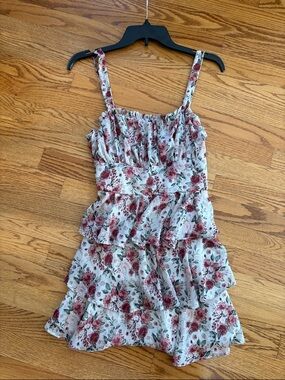 Altar'd State White Floral Ruffle Mini Dress with Pink Roses